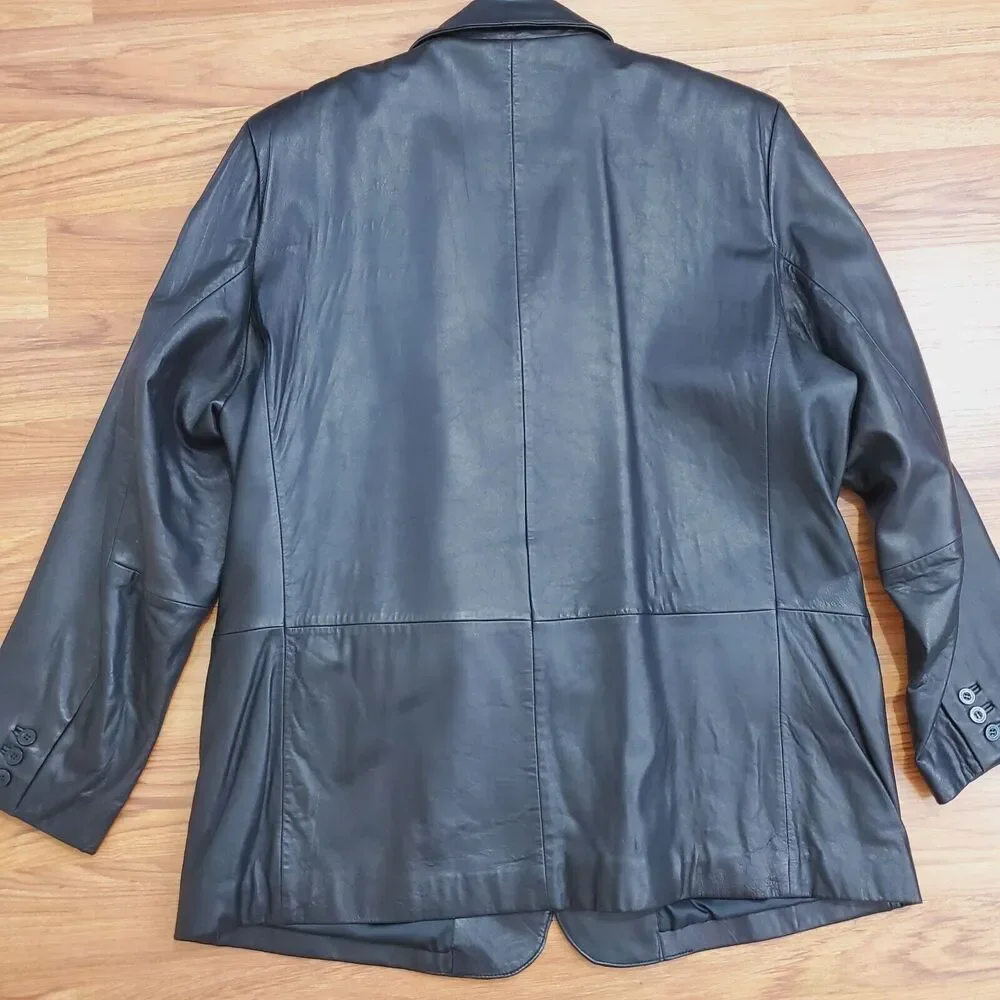 Claiborne Longer Coat Men 1X Black Lambskin Leather Jacket 3 Button Lined Blazer